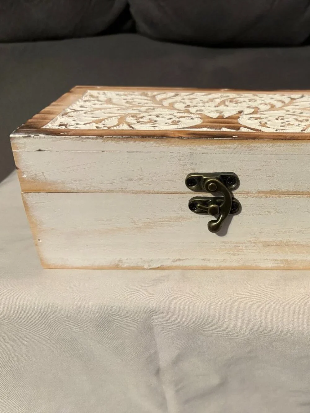Carved Mango Wooden Box-Rustic Farmhouse w/ Hinged Lid-Whitewashed-8